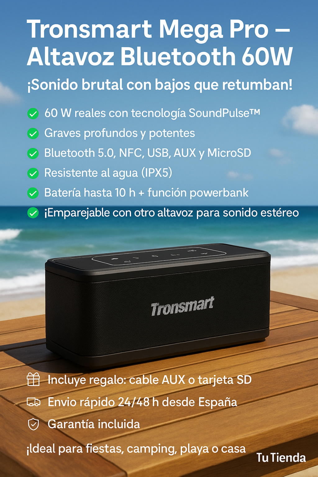 Tronsmart Mega Pro – Altavoz Bluetooth 60W con Graves Potentes y Resistencia IPX5