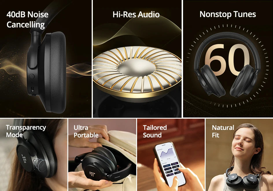 Tronsmart Sounfii Q20S Headphones Wireless Bluetooth Headset with Noise Cancellation 60H Playtime Hi-Res Audio App Control